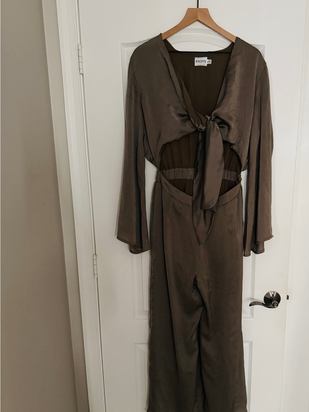SNDS Satin Olive Tie-Front Jumpsuit